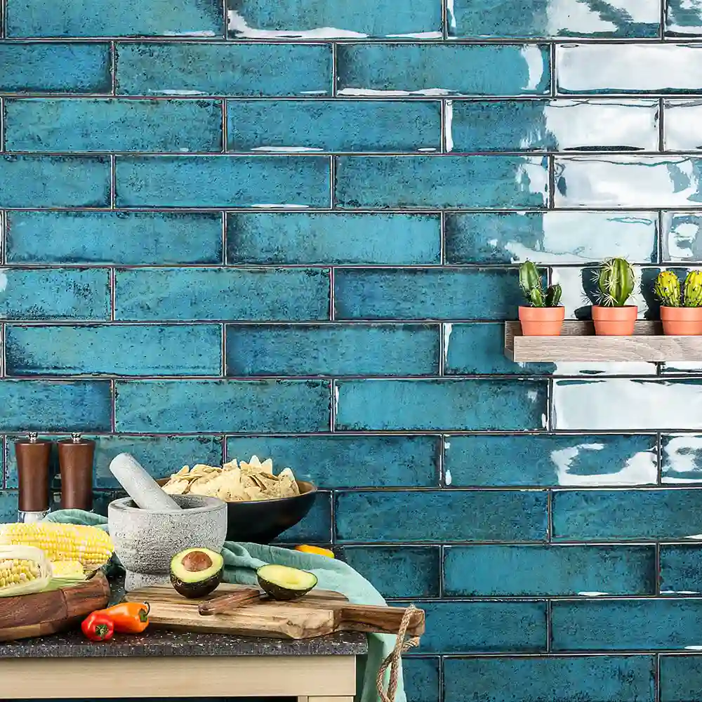 shiny blue backsplash tile